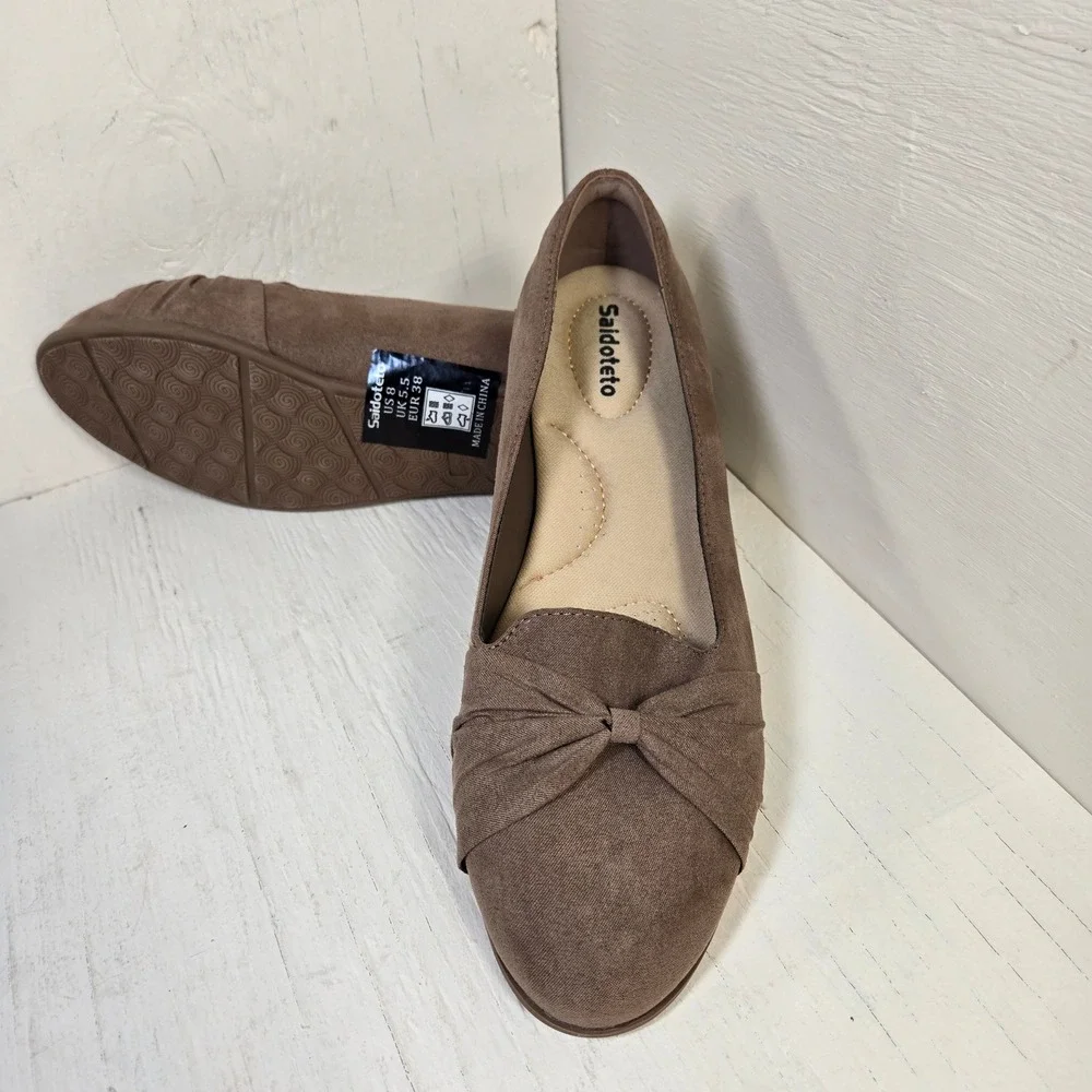 Saidoteto Women's Brown Faux Suede Knotted Bow Ballet Flats Comfort Shoes Size 8